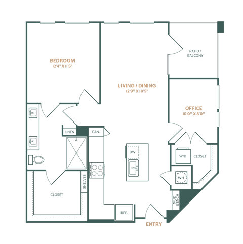 Floor plan for 1 bed, 1 bath, 881 sqft